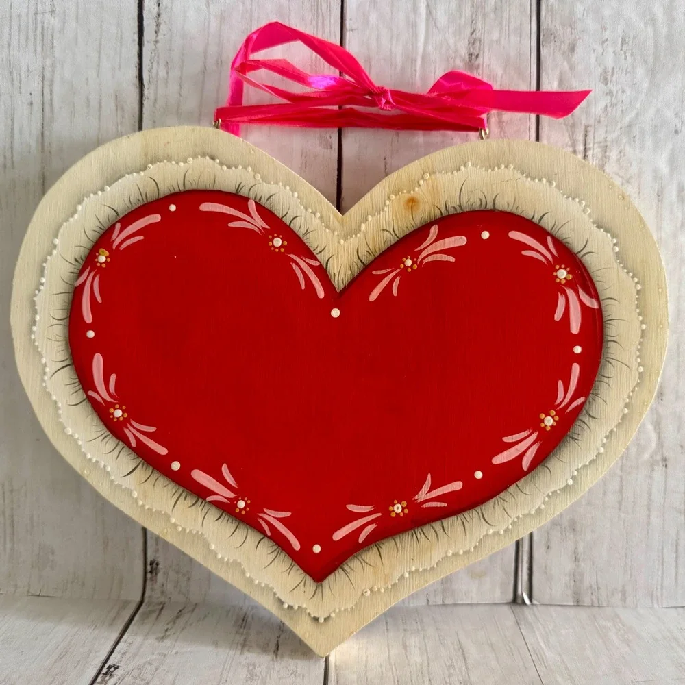 Vintage Hand Painted Wood Heart Wall Hanging Folk Art Birds Roses Reversible 11